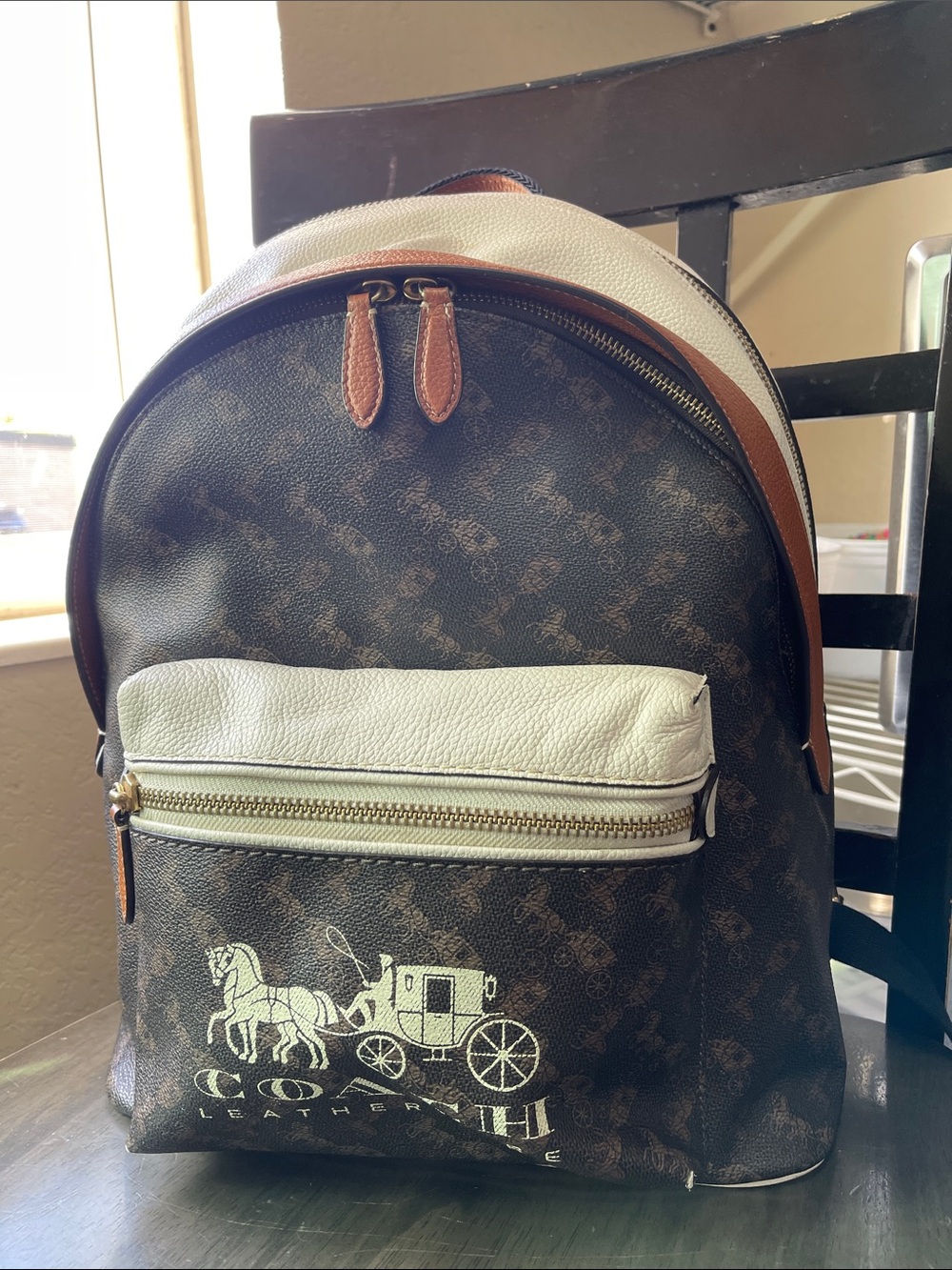 Coach Brown Monogram Backpack with Cream Front Pocket and Tan Trim